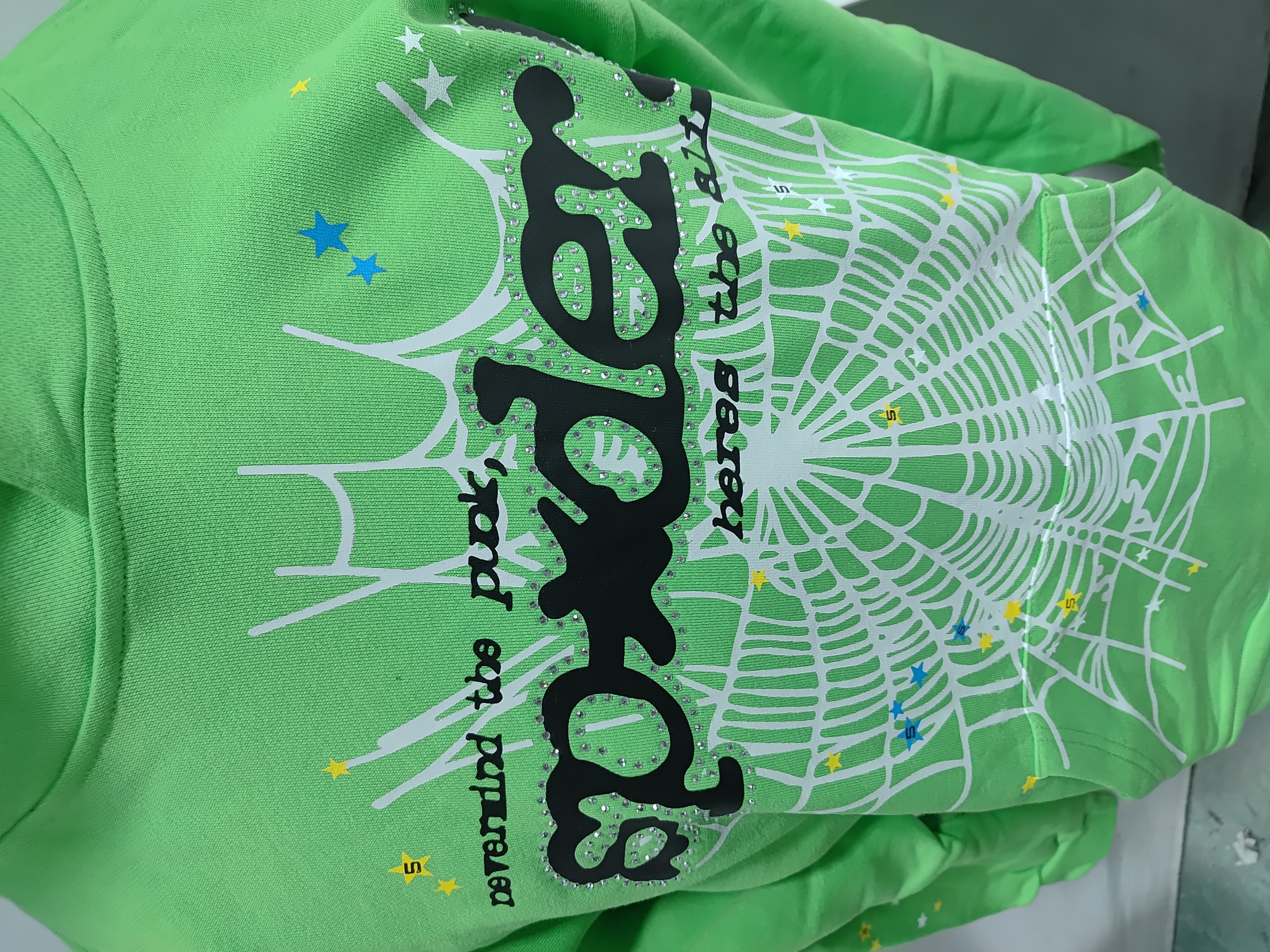 Sp5der Punk V2 Rhinestone Hoodie Bright Green EG 974 review 2