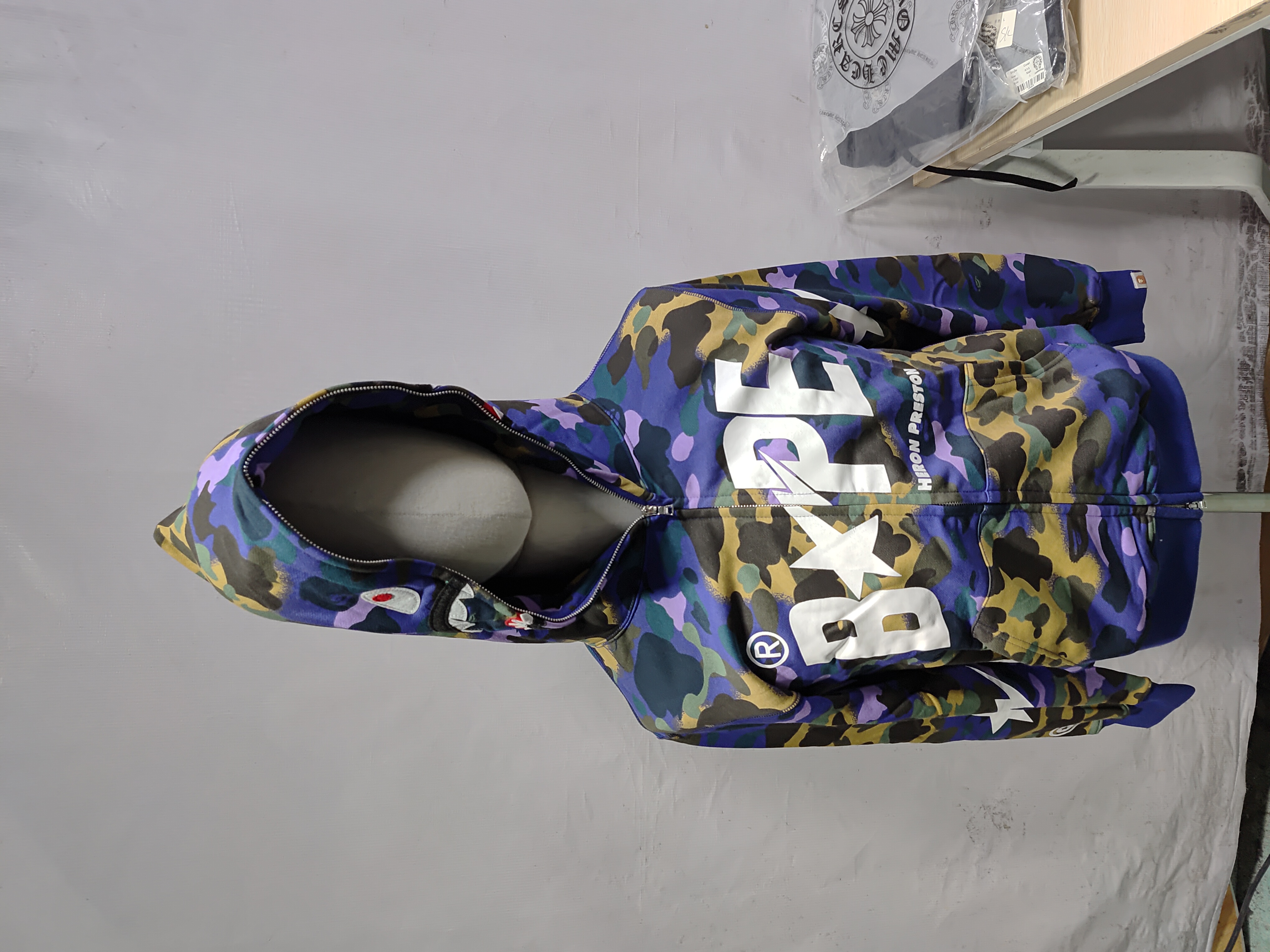BAPE x Heron Preston Mix 1st Camo Shark Relaxed Fit Full Zip Hoodie Purple review StockxKicksVIP 01