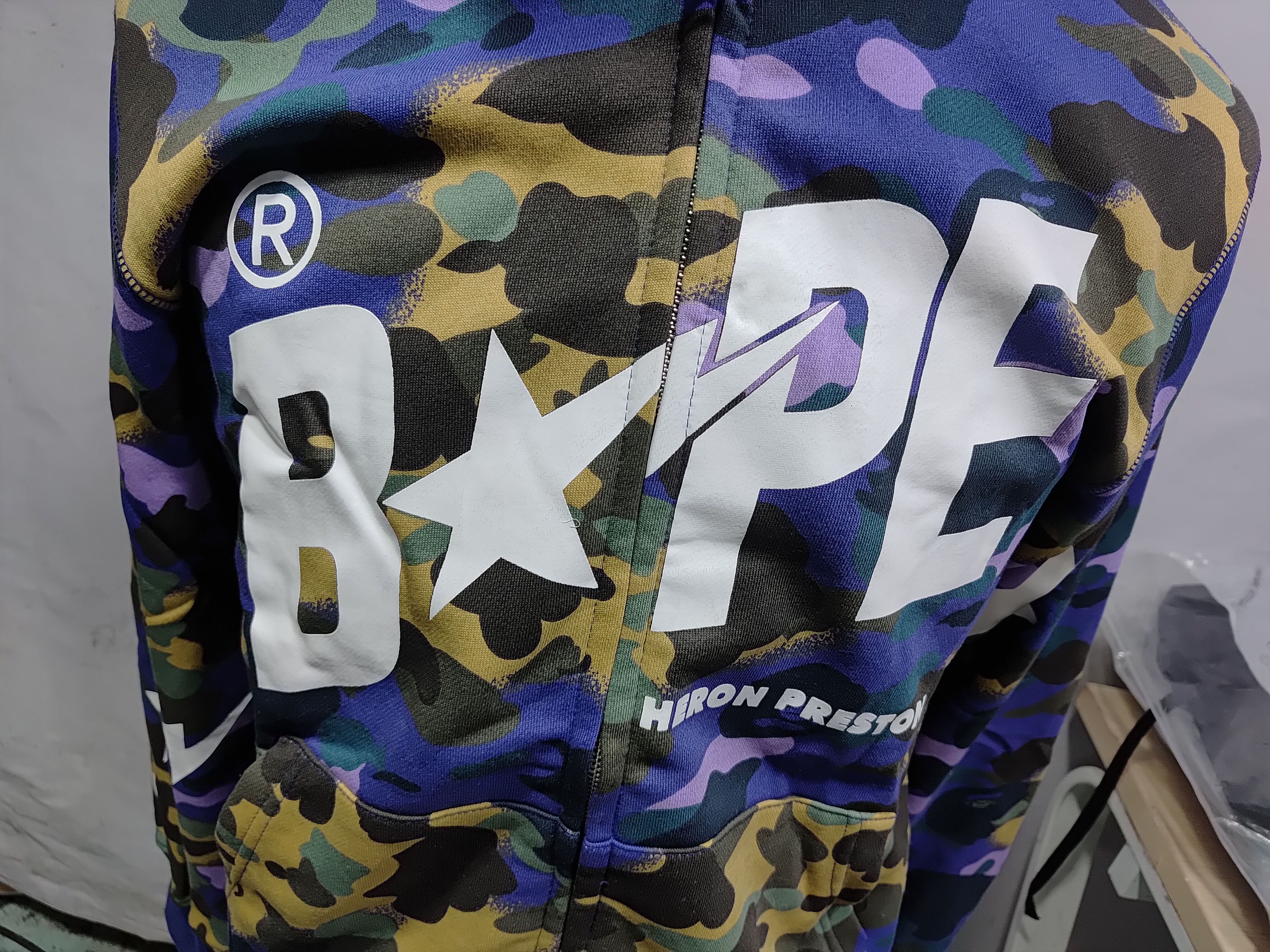 BAPE x Heron Preston Mix 1st Camo Shark Relaxed Fit Full Zip Hoodie Purple review StockxKicksVIP 02