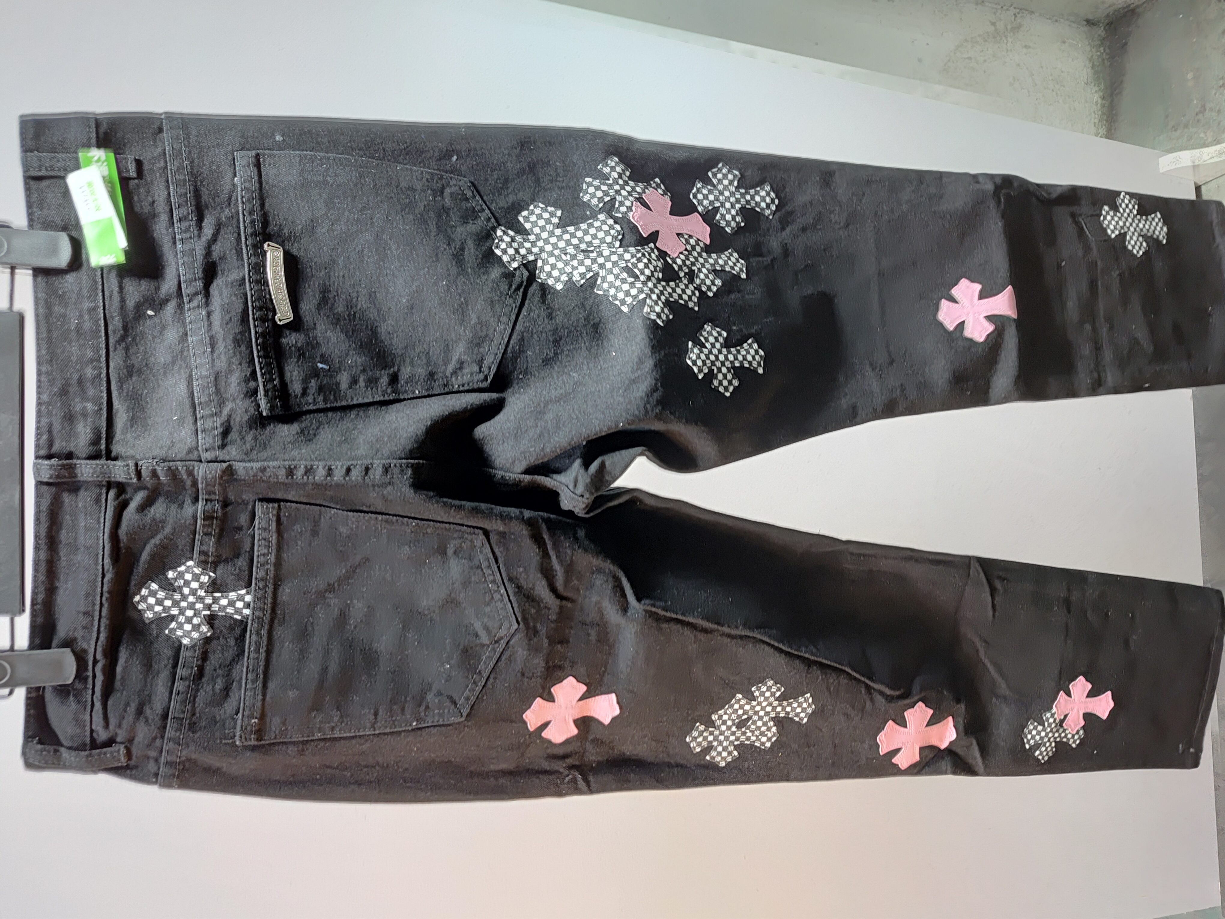 Chrome Hearts black denim jeans with pink and checkered cross patches review StockxKicks 08