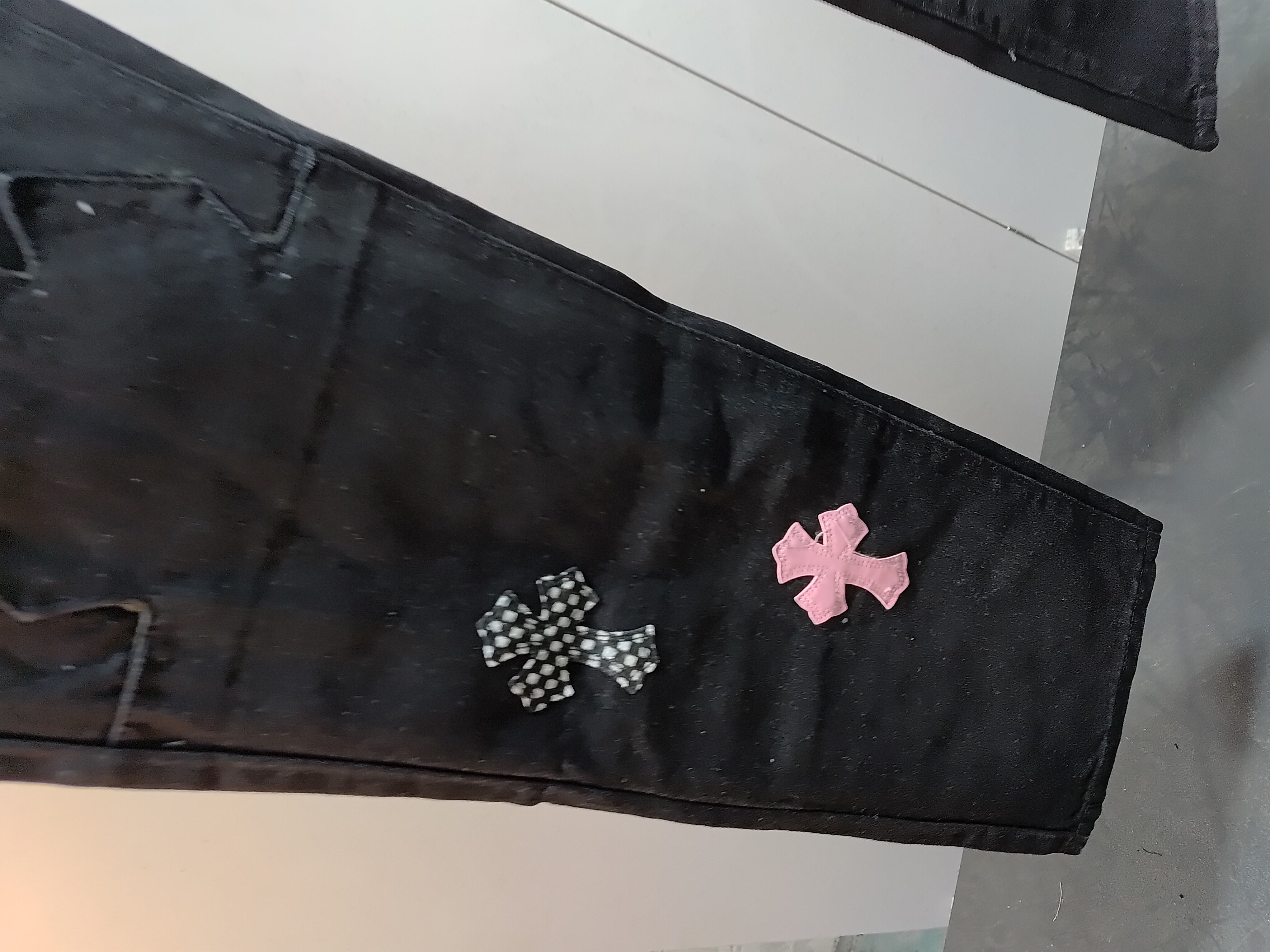 Chrome Hearts black denim jeans with pink and checkered cross patches review StockxKicks 04