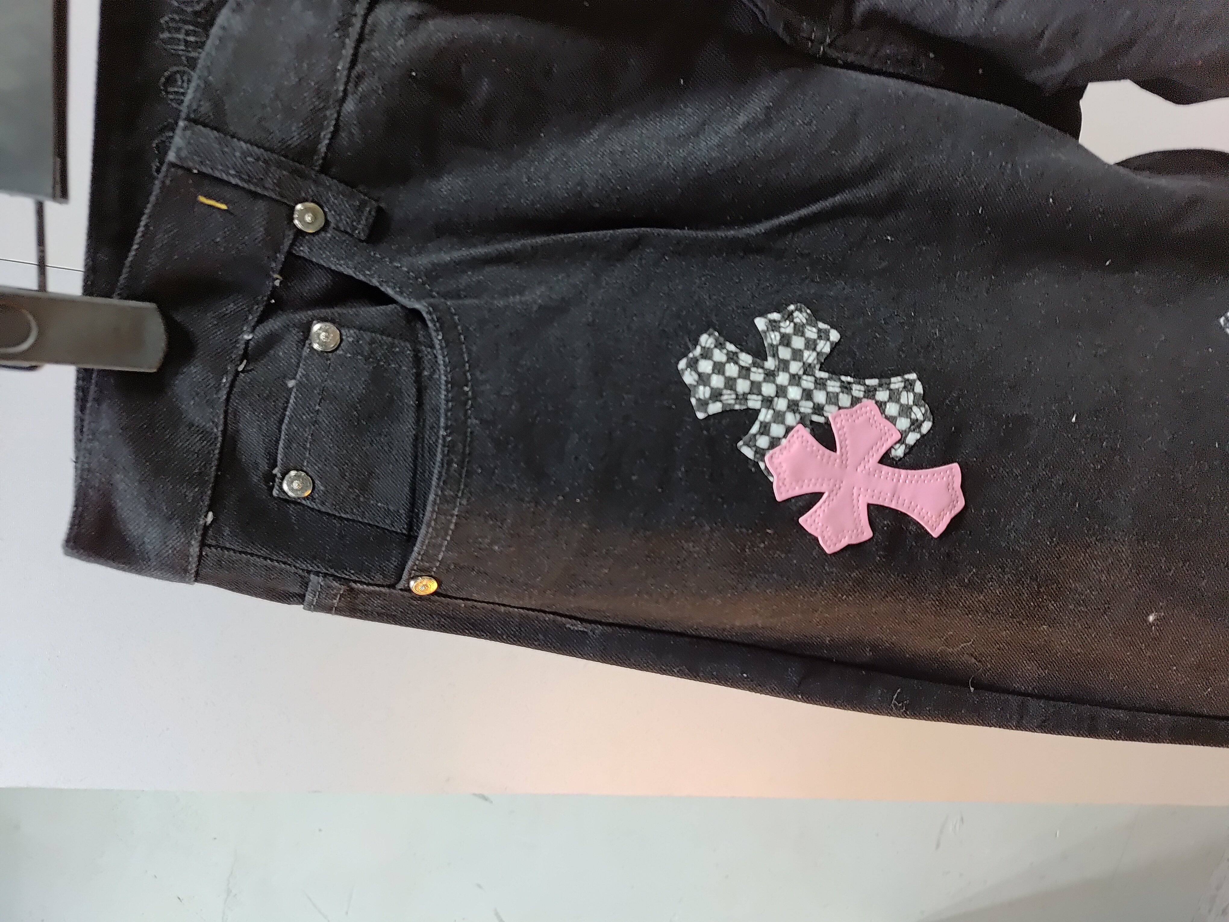 Chrome Hearts black denim jeans with pink and checkered cross patches review StockxKicks 05