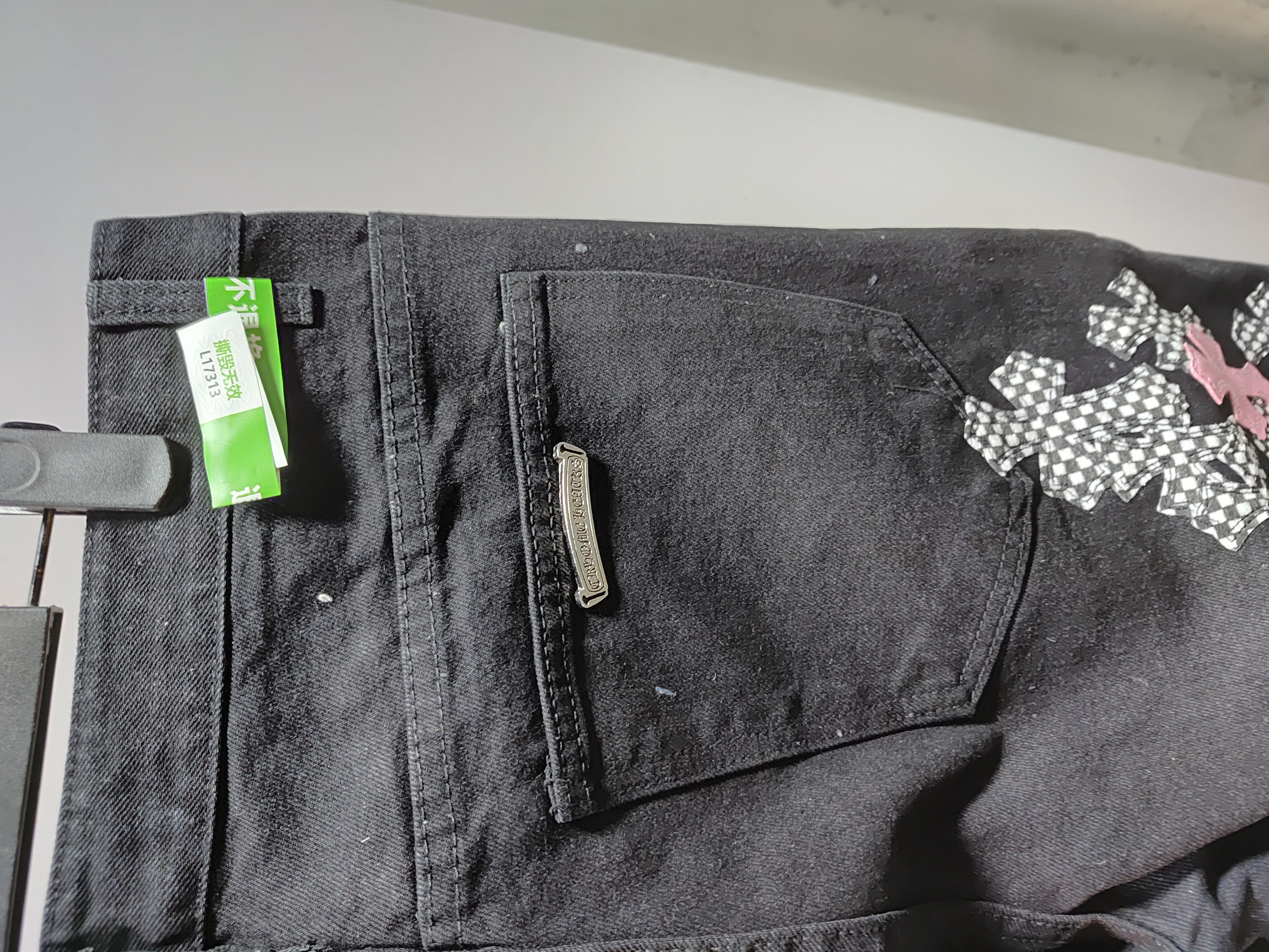 Chrome Hearts black denim jeans with pink and checkered cross patches review StockxKicks 06