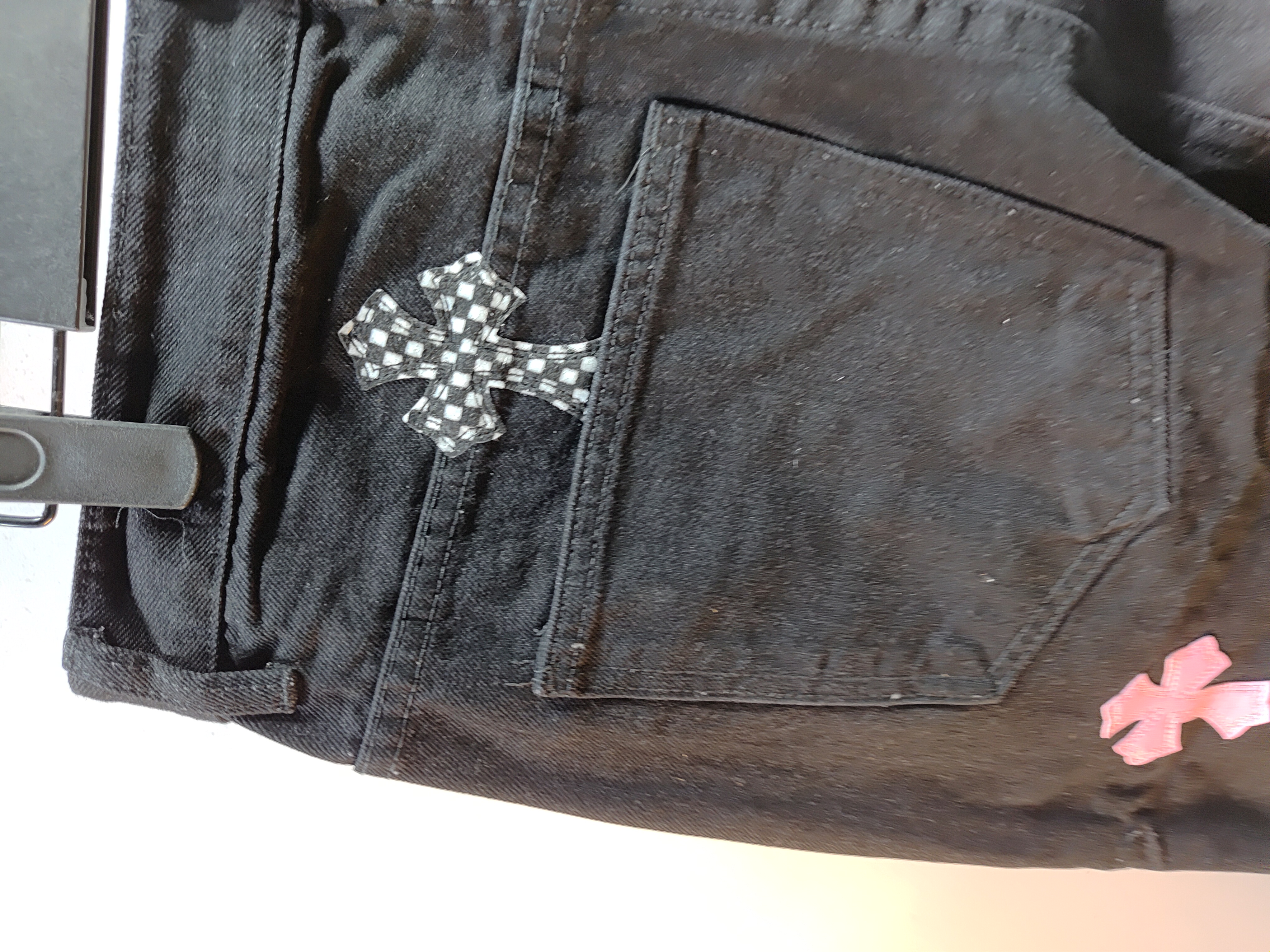 Chrome Hearts black denim jeans with pink and checkered cross patches review StockxKicks 07