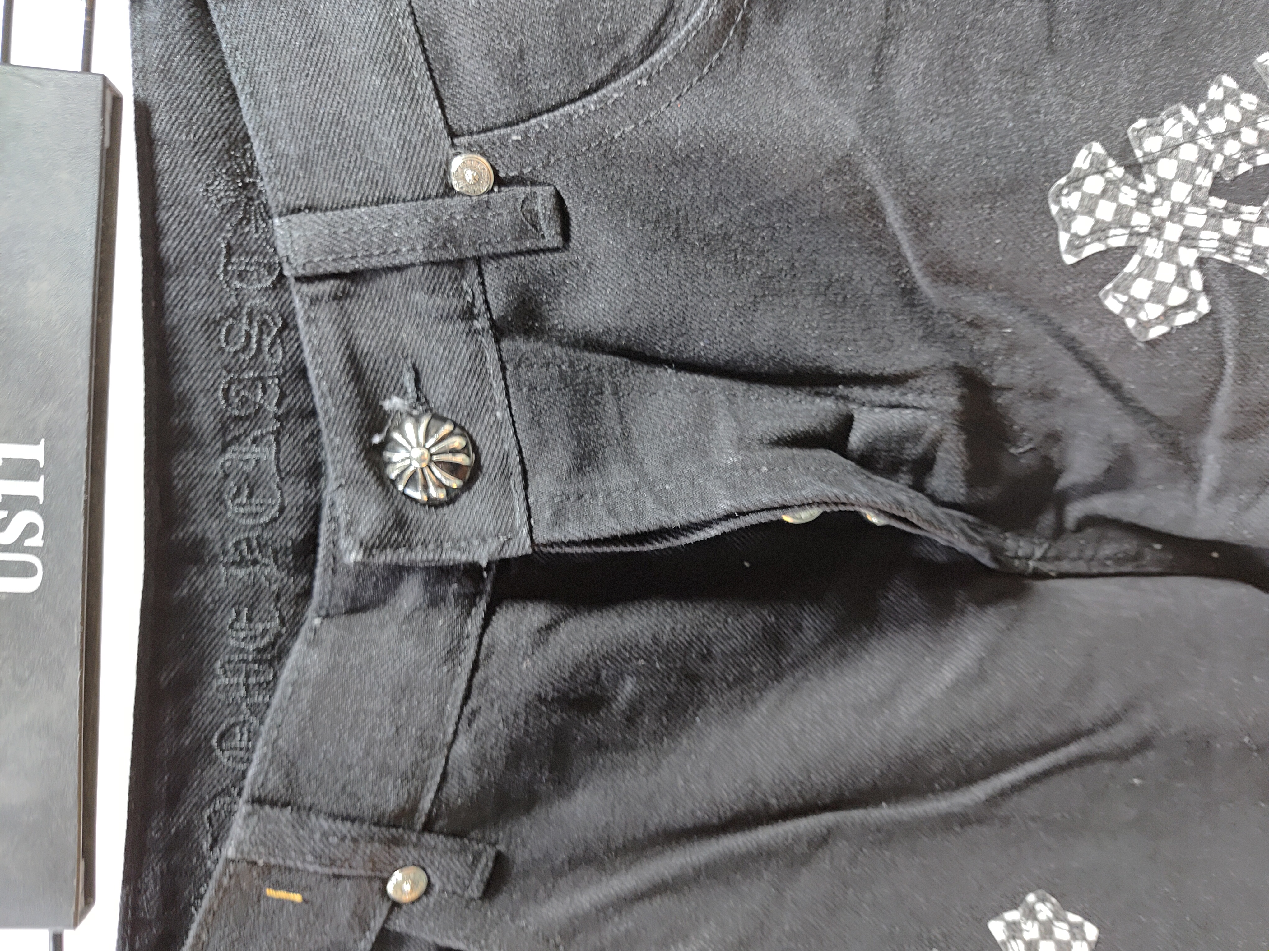 Chrome Hearts black denim jeans with pink and checkered cross patches review StockxKicks 02
