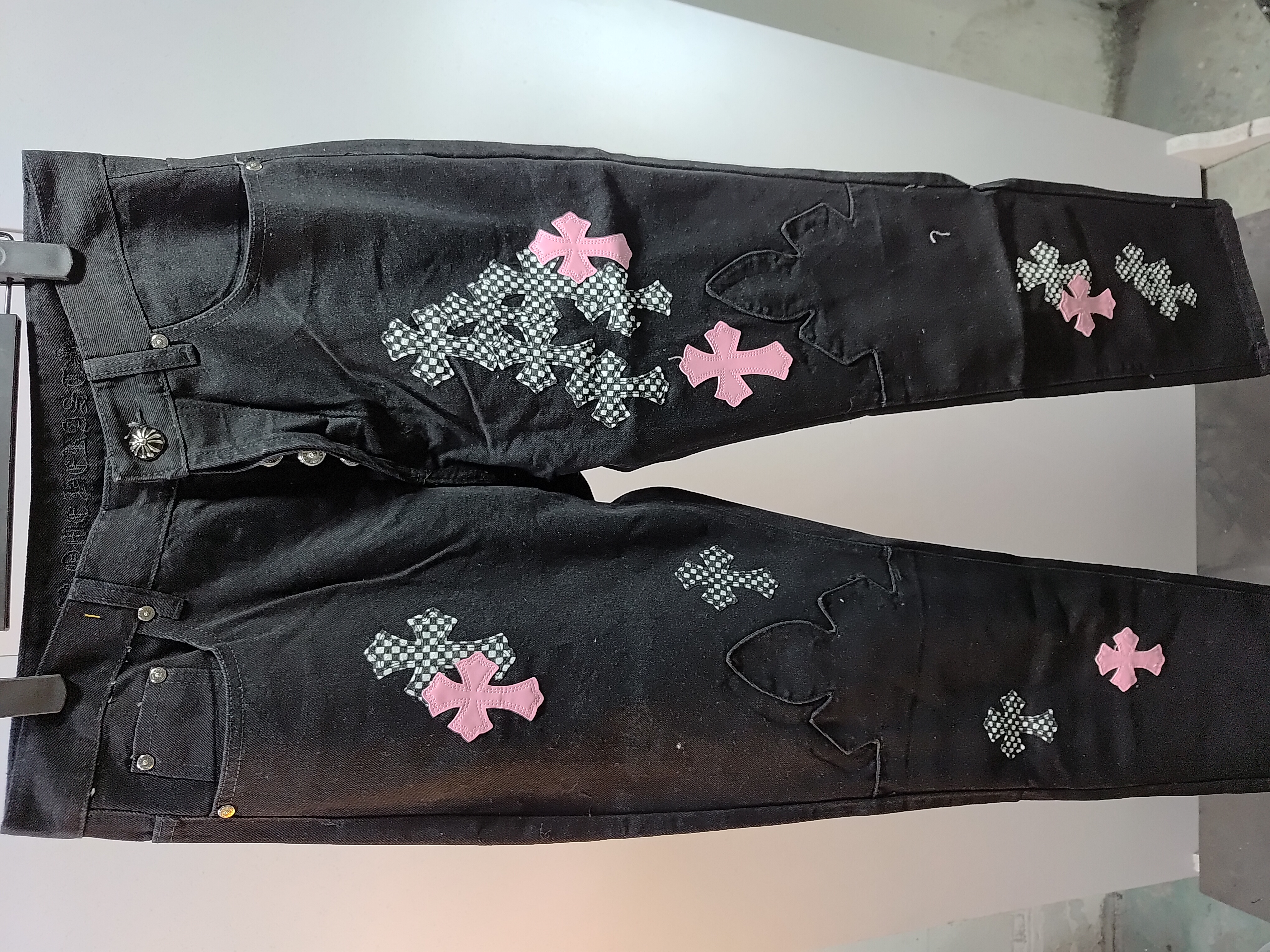 Chrome Hearts black denim jeans with pink and checkered cross patches review StockxKicks 03