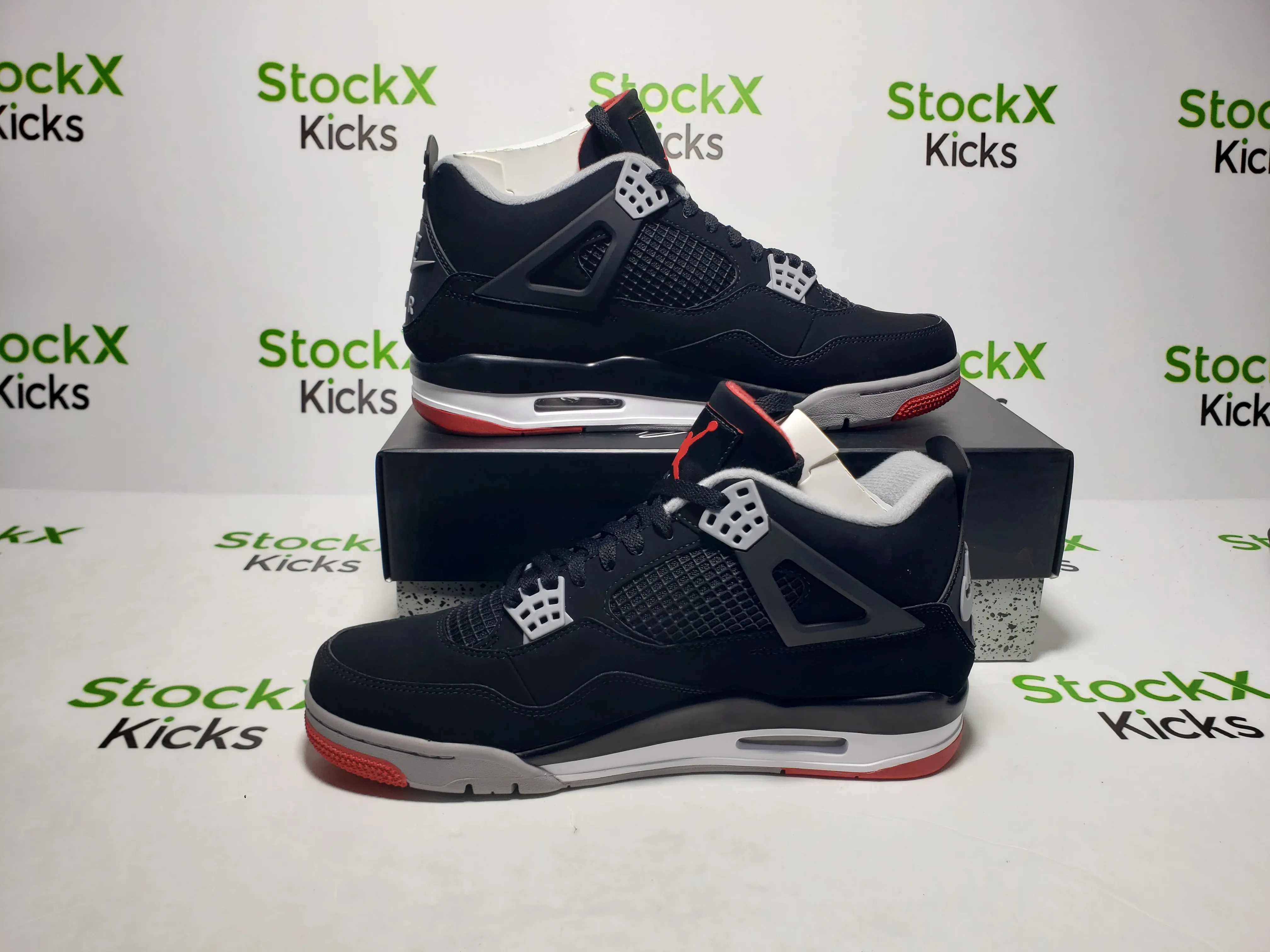 QC photo of PK God Batch Air Jordan 4 Retro Bred 308497-060 replica sneakers from StockX Kicks, showing perfect Jordan 4 reps pre-shipping