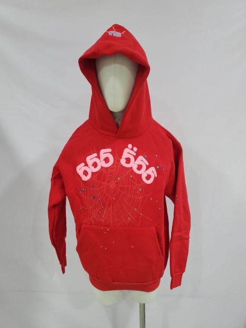 Replica Sneakers QC Photos：Sp5der Worldwide Red Angel Number 555 Hoodie Red YZ EG922