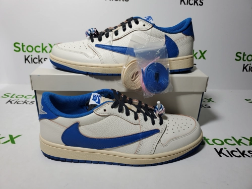 Replica Sneakers QC Photos：PK God Batch Air Jordan 1 Retro Low OG SP Fragment x Travis Scott Sail Military Blue DM7866-104