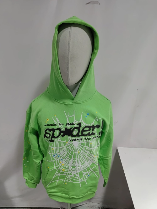 Replica Clothing QC Photos：Sp5der Punk V2 Rhinestone Hoodie Bright Green EG 974