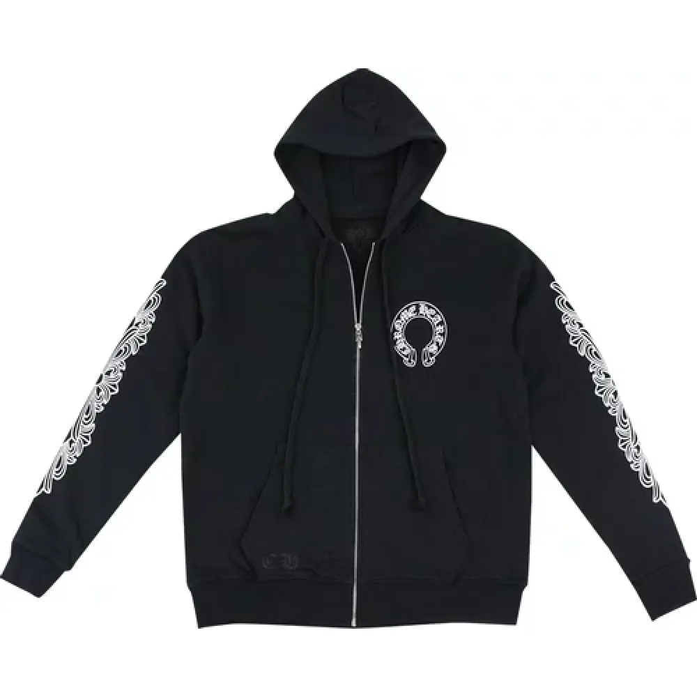 Chrome Hearts Horseshoe Floral Cross-Sleeve Zip Up Hoodie 'Black/White'