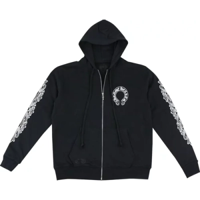 Chrome Hearts Horseshoe Floral Cross-Sleeve Zip Up Hoodie 'Black/White' 01