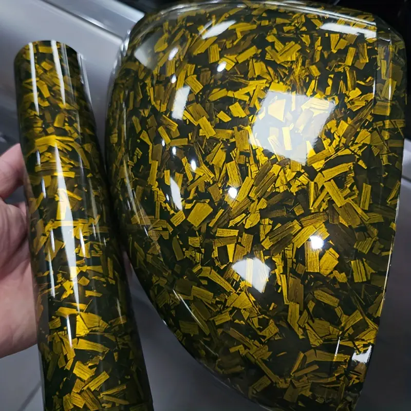 Gloss Yellow Forged Carbon Fiber Car Vinyl Wrap PET 