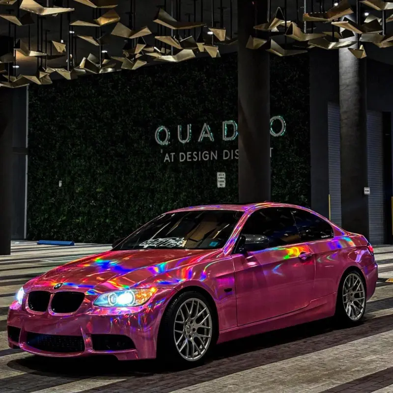 Gloss Pink Holographic Chrome Laser Car Vinyl Wrap Coupe BMW