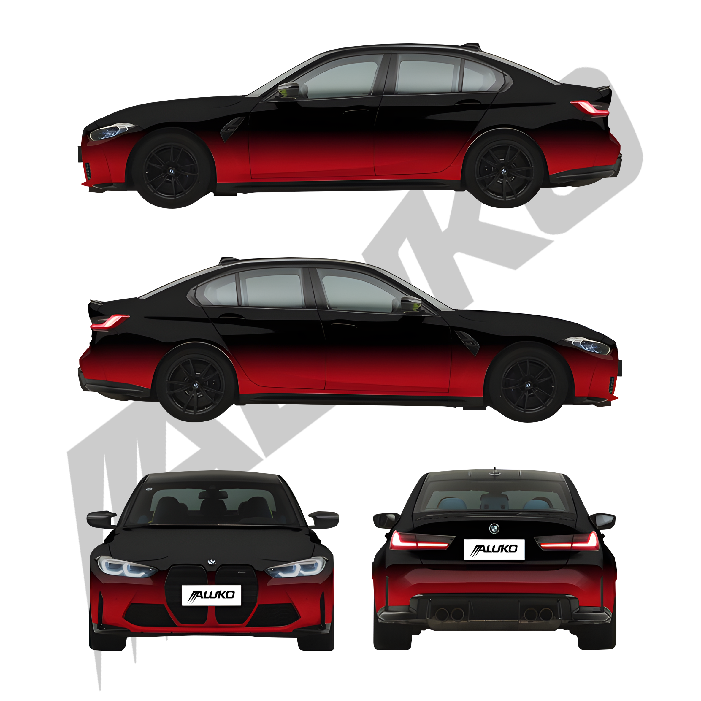 ภาพอ้างอิงสีฟิล์ม ALUKOVINYL Matte Satin Black to Red Gradient Car Wrap รหัส D0027 — ภาพที่ 6