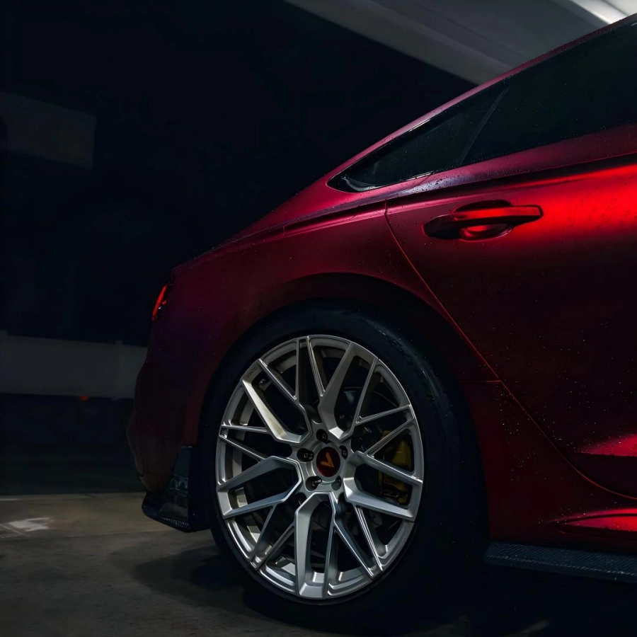 satin chrome Romanee Red Vinyl Wrap on fender 