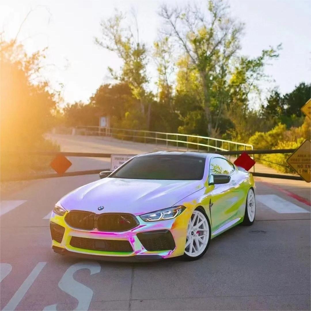 Gloss Rainbow Chrome Holographic Pink Car Vinyl Wrap review Process 01