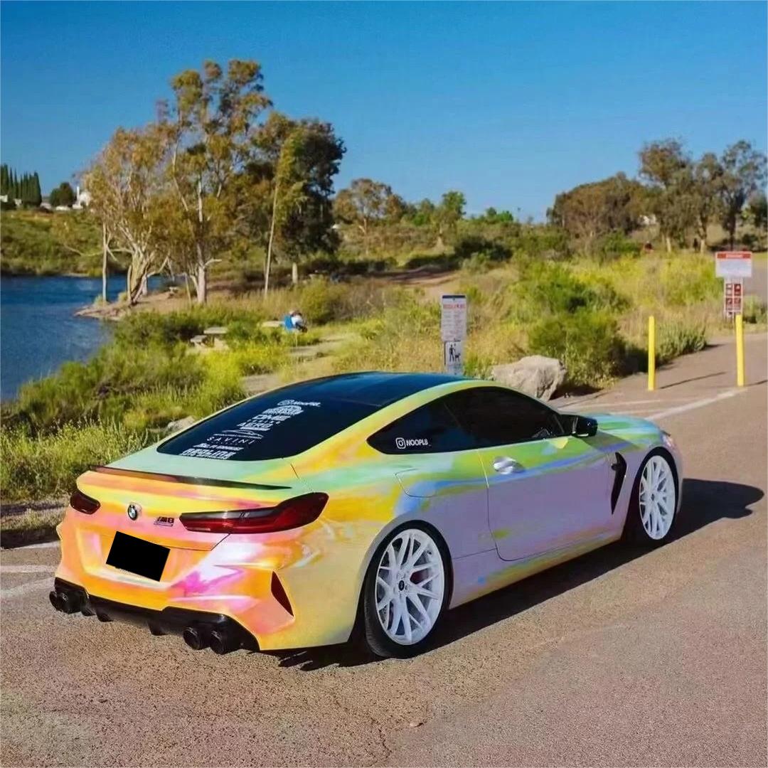 Gloss Rainbow Chrome Holographic Pink Car Vinyl Wrap review Process 02