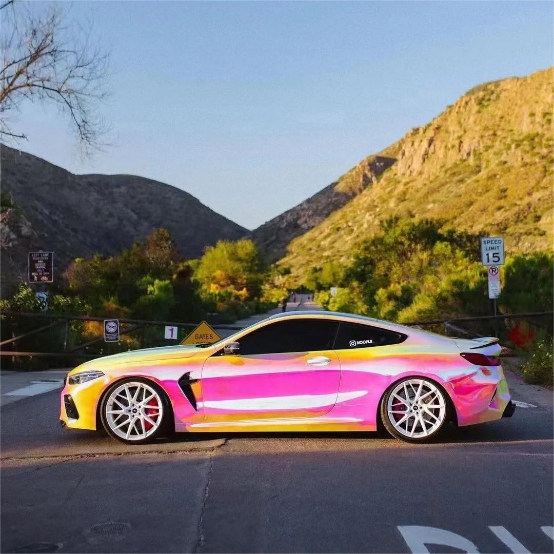 Gloss Rainbow Chrome Holographic Pink Car Vinyl Wrap review Process 03