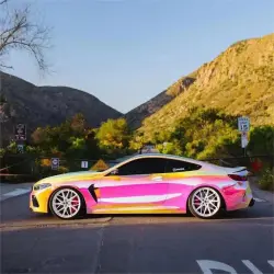 Gloss Rainbow Chrome Holographic Pink Car Vinyl Wrap PET review Process 04