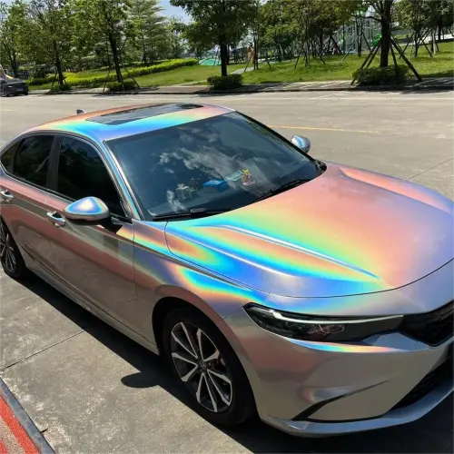 Gloss Metallic Rainbow Holographic Silver Car Vinyl Wrap PET review 