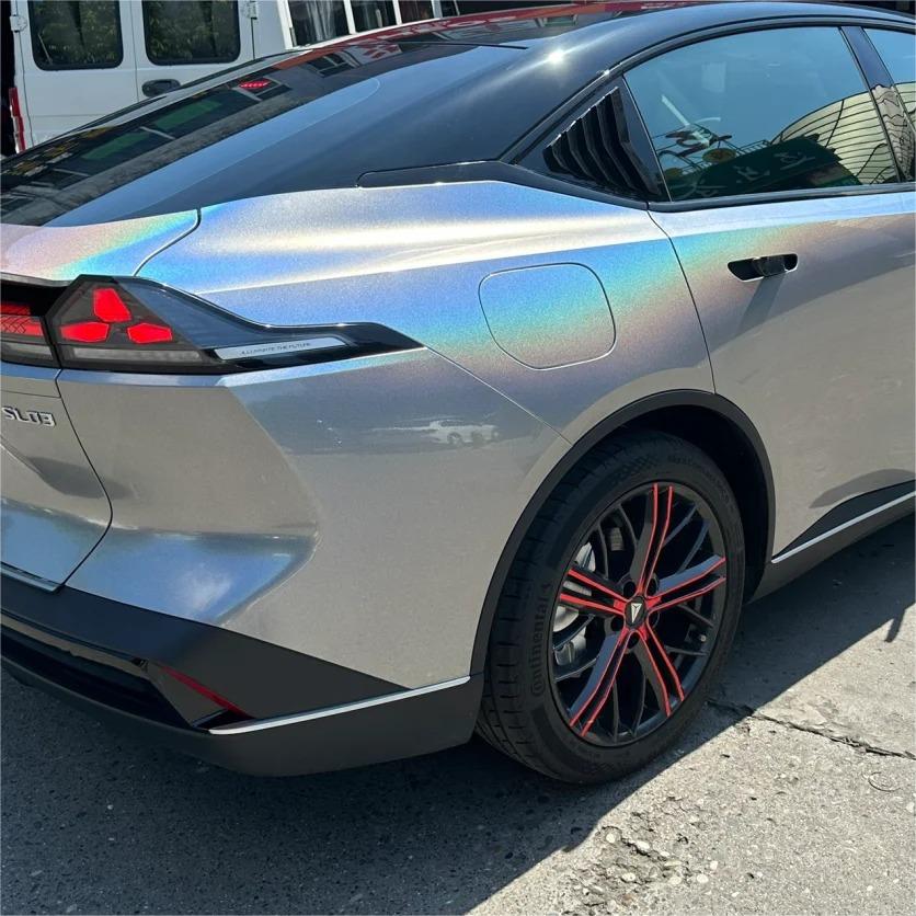Gloss Metallic Rainbow Holographic Silver Car Vinyl Wrap PET review Emma 01