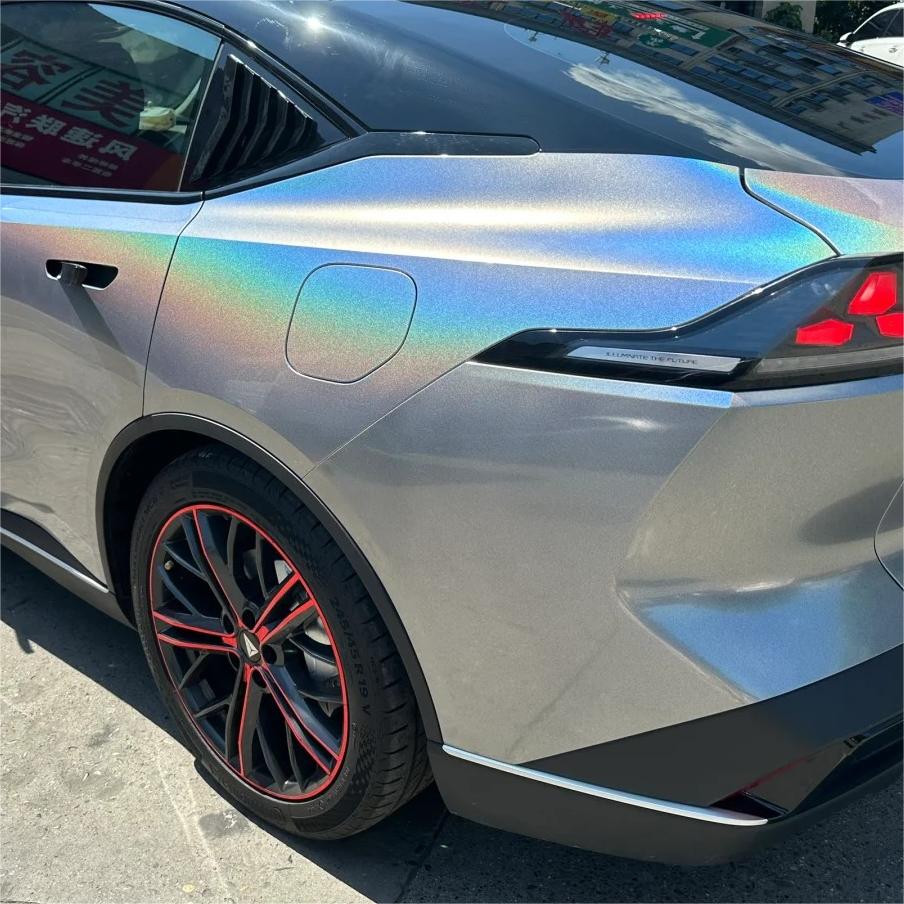 Gloss Metallic Rainbow Holographic Silver Car Vinyl Wrap PET review Emma 02
