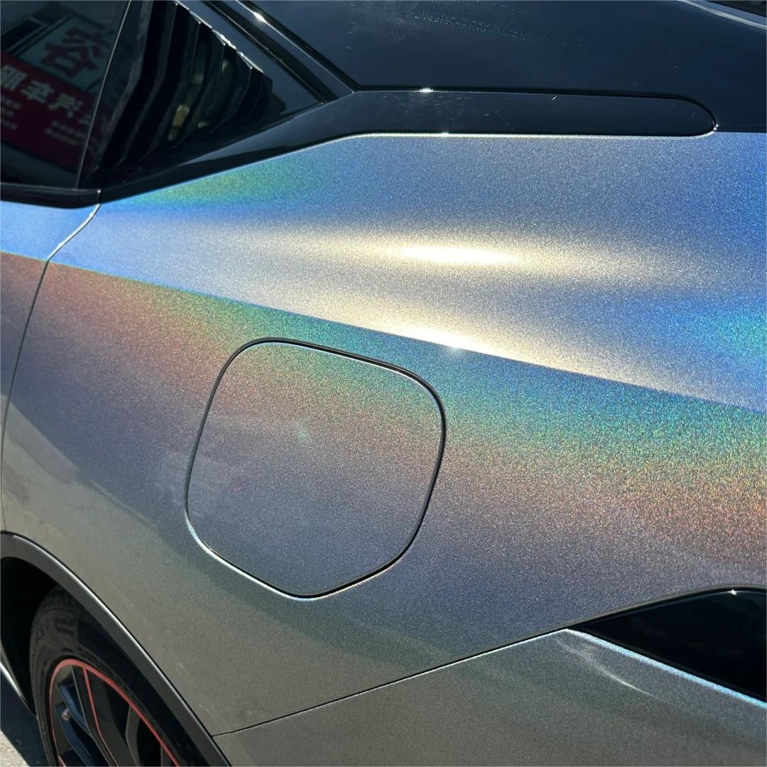 Gloss Metallic Rainbow Holographic Silver Car Vinyl Wrap PET review Emma 03