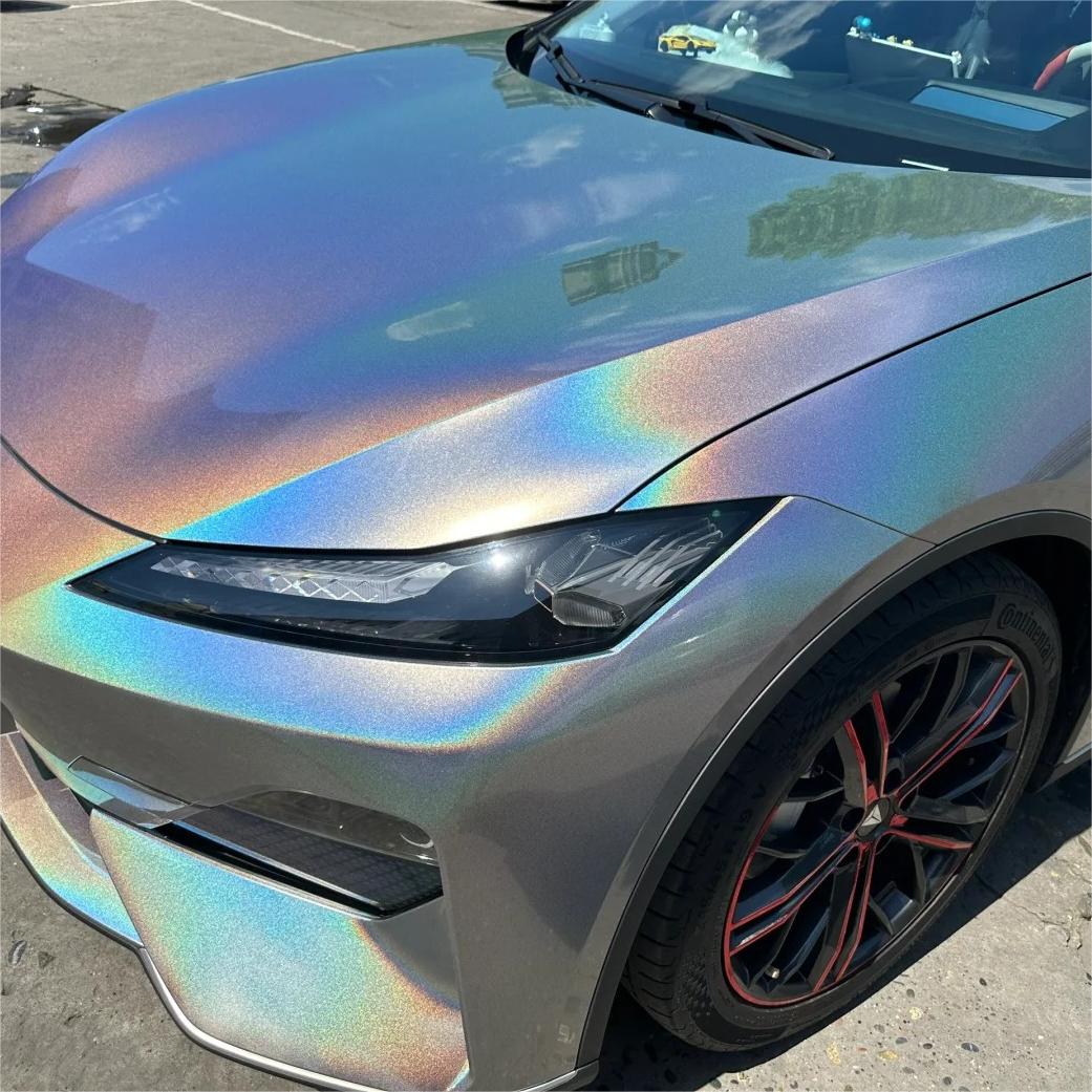 Gloss Metallic Rainbow Holographic Silver Car Vinyl Wrap PET review Emma 00