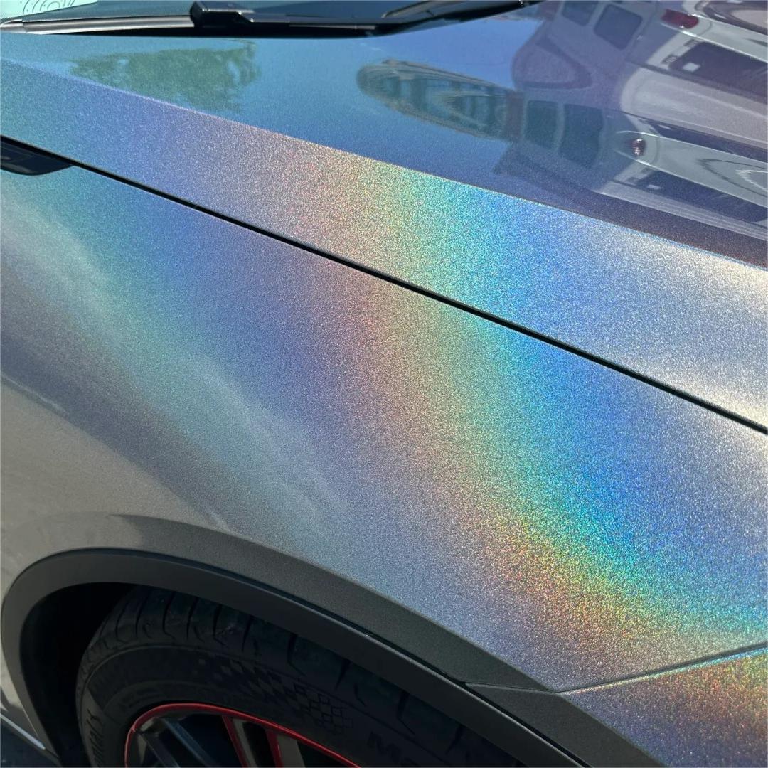 Gloss Metallic Rainbow Holographic Silver Car Vinyl Wrap PET review Emma 04