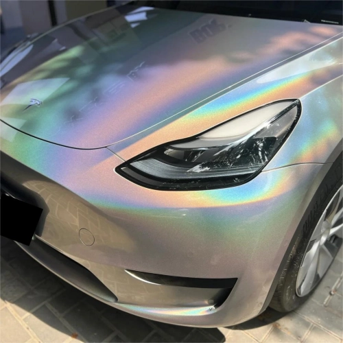 Gloss Metallic Rainbow Holographic Silver Car Vinyl Wrap PET reviewed by