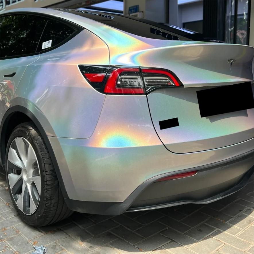 Gloss Metallic Rainbow Holographic Silver Car Vinyl Wrap PET review Highly 02