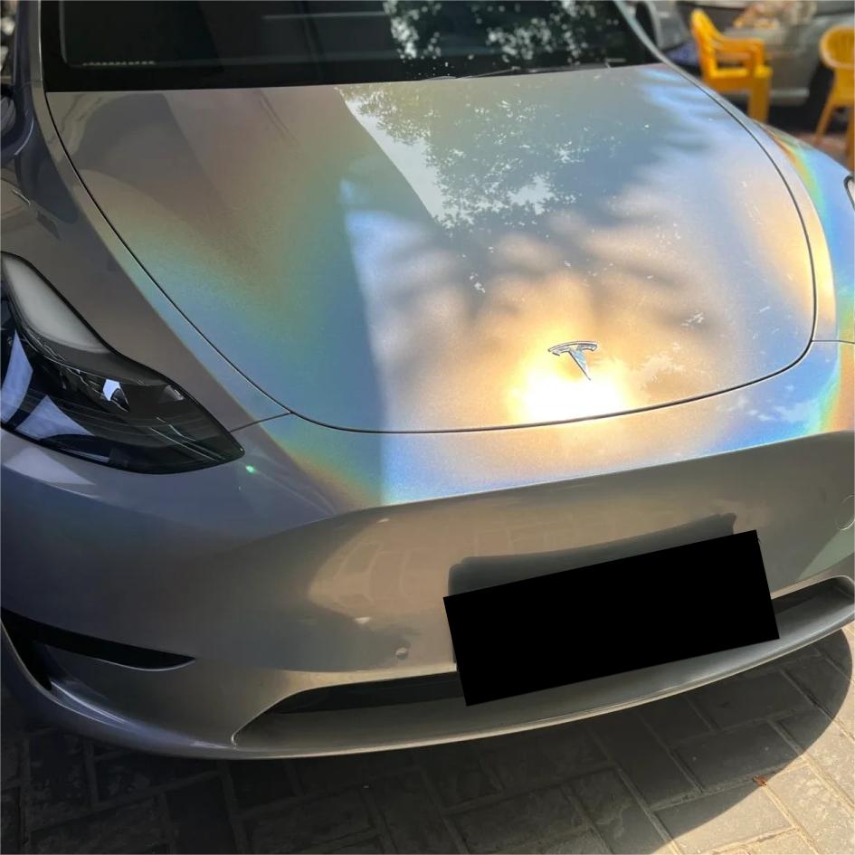 Gloss Metallic Rainbow Holographic Silver Car Vinyl Wrap PET review Highly 01