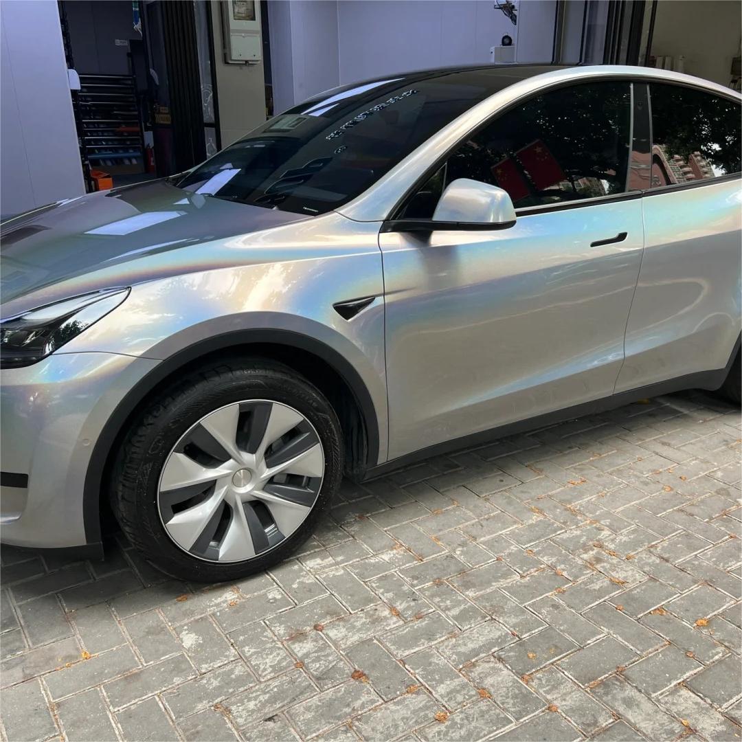 Gloss Metallic Rainbow Holographic Silver Car Vinyl Wrap PET review Highly 04