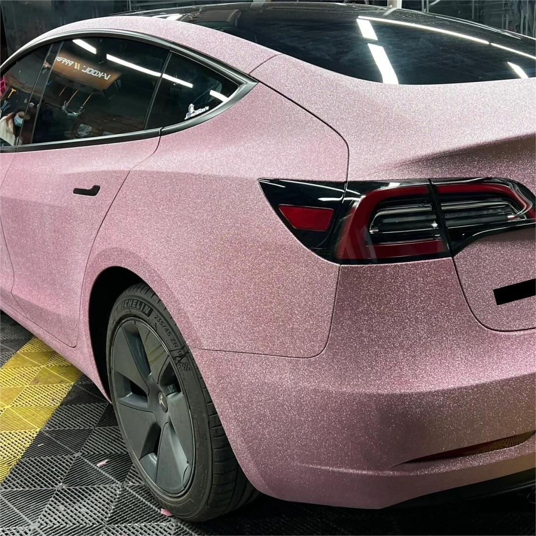Matte Diamond Glitter Pink Car Vinyl Wrap review Transport 03