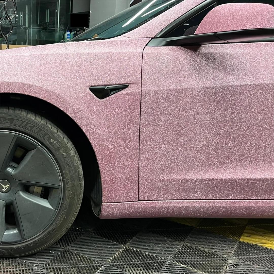 Matte Diamond Glitter Pink Car Vinyl Wrap review Transport 04