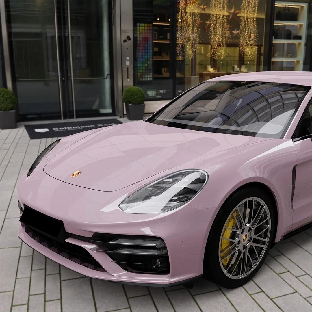 Gloss Rose Latte Pink Car Vinyl Wrap PET review Worker 02