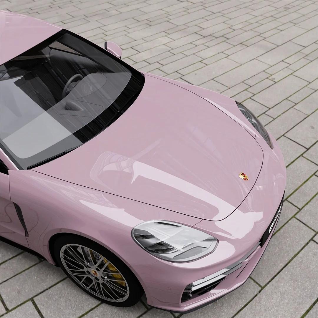 Gloss Rose Latte Pink Car Vinyl Wrap PET review Worker 03