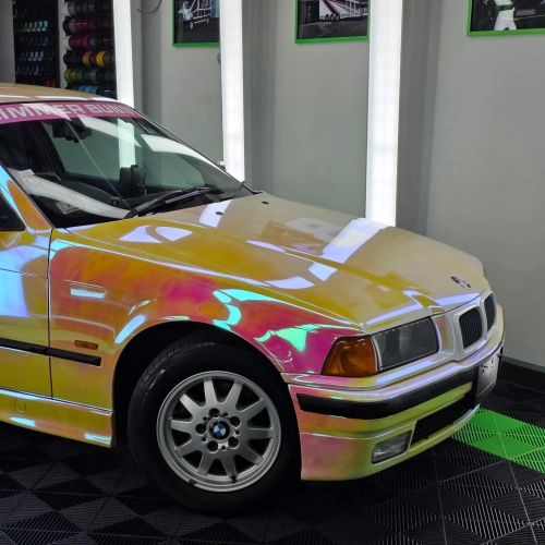 Gloss Rainbow Chrome Holographic Pink Car Vinyl Wrap reviewed by