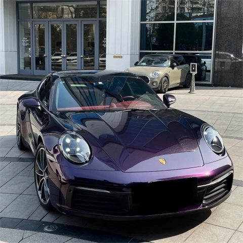 Unleash Elegance: Porsche with Gloss Metallic Midnight Purple Car Vinyl Wrap