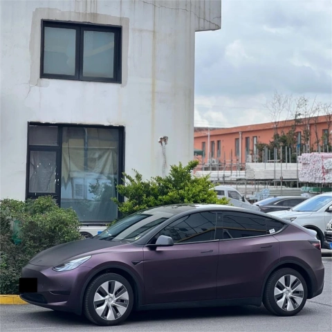 Unleash Sophistication: Tesla in Matte Metallic Black Purple Car Vinyl Wrap