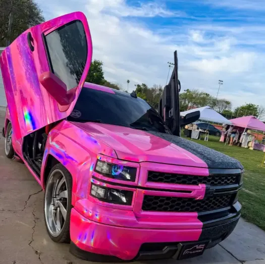 holographic pink wrap on truck