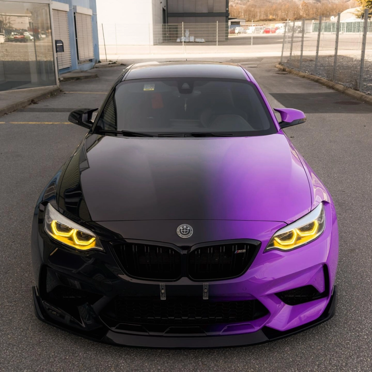 bmw wrapped with black to purple custom car wrap 