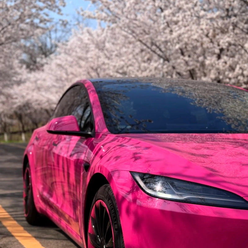 Glossy Rose Red Colored PPF for tesla