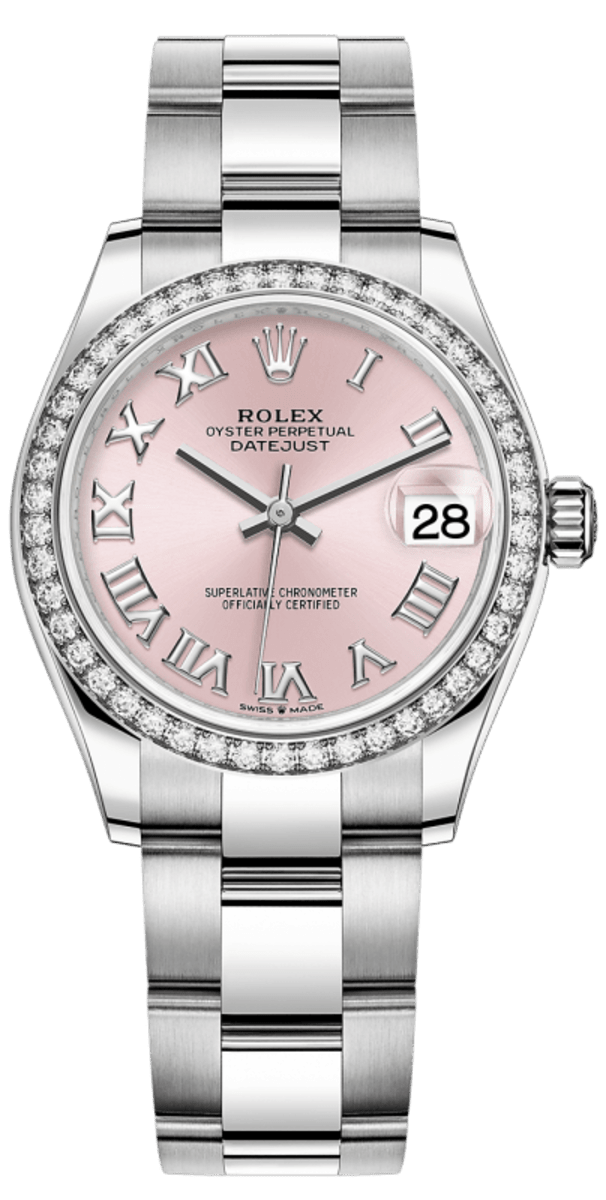 Datejust 31 Stainless Steel and White Gold Pink Roman Dial Diamond Bezel Women's Watch M278384RBR-0023