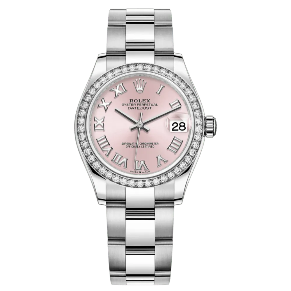 Datejust 31 Stainless Steel and White Gold Pink Roman Dial Diamond Bezel Women's Watch M278384RBR-0023