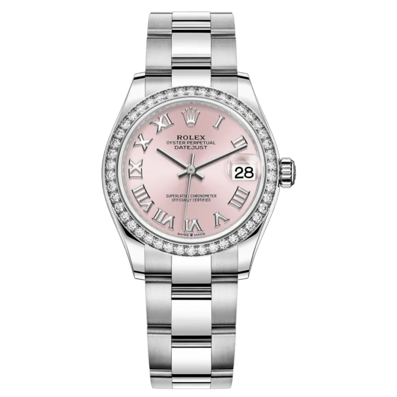 Datejust 31 Stainless Steel and White Gold Pink Roman Dial Diamond Bezel Women's Watch M278384RBR-0023