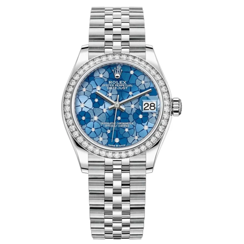 Datejust 31 Stainless Steel and White Gold Azzurro-Blue-Floral-Motif Diamond Dial Diamond Bezel Women's Watch M278384RBR-0040