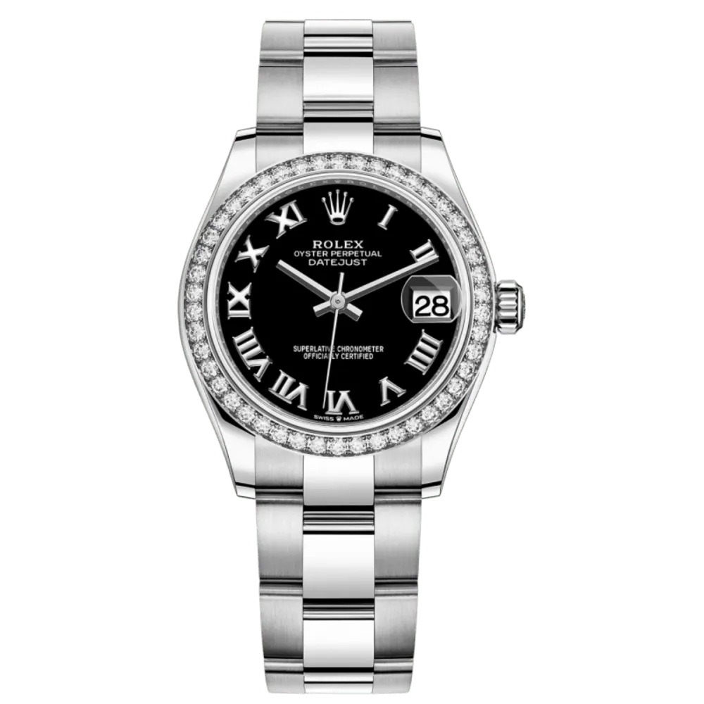 Datejust 31 Stainless Steel and White Gold Black Roman Dial Diamond Bezel Women's Watch M278384RBR-0001