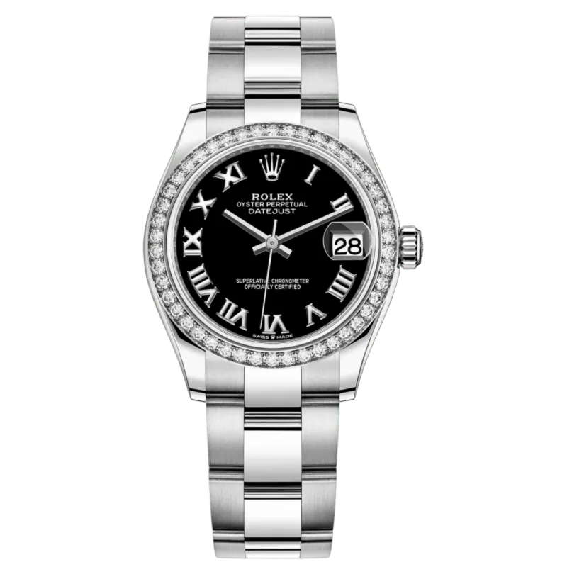 Datejust 31 Stainless Steel and White Gold Black Roman Dial Diamond Bezel Women's Watch M278384RBR-0001